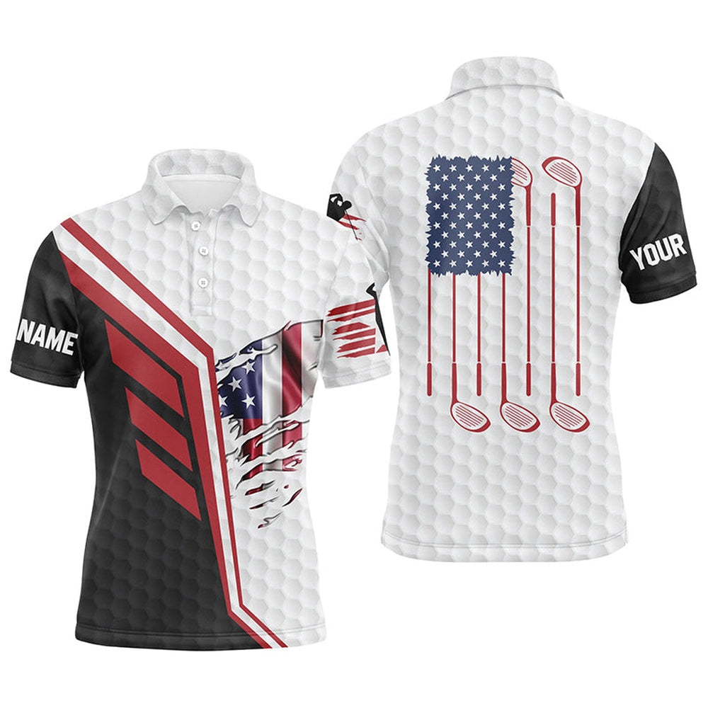 Golf Polo Shirts, American Flag Golf Clubs White Golf Balls Skin Custom Men Golf Polo Shirts, Custom Golf Shirts