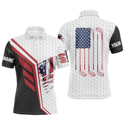 Golf Polo Shirts, American Flag Golf Clubs White Golf Balls Skin Custom Men Golf Polo Shirts, Custom Golf Shirts