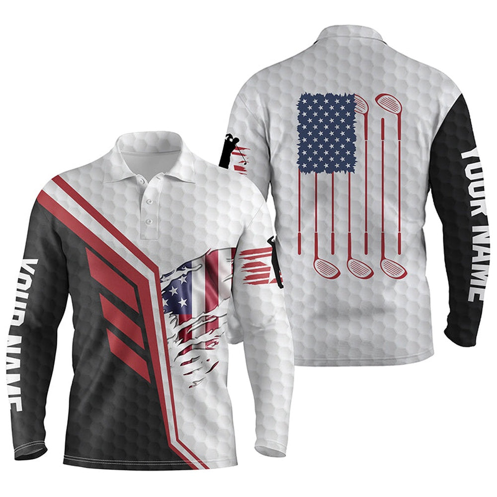 Golf Polo Shirts, American Flag Golf Clubs White Golf Balls Skin Custom Men Golf Polo Shirts, Custom Golf Shirts