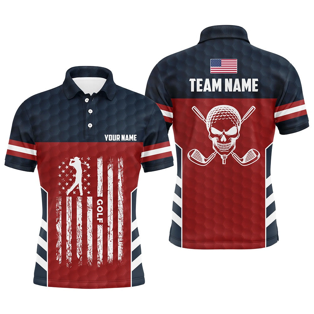 Golf Polo Shirts, American Flag Golf Pattern Men Polo Shirt Custom Skull Patriotic Golf Shirts For Men Golf Gifts, Custom Golf Shirts