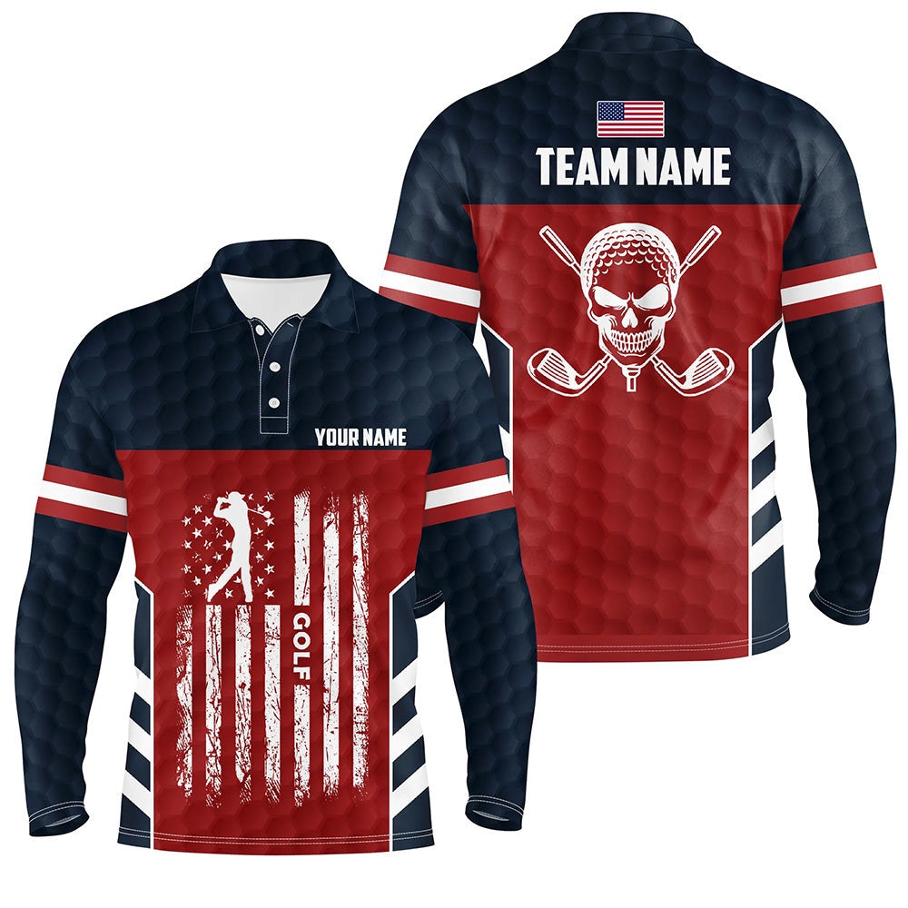 Golf Polo Shirts, American Flag Golf Pattern Men Polo Shirt Custom Skull Patriotic Golf Shirts For Men Golf Gifts, Custom Golf Shirts