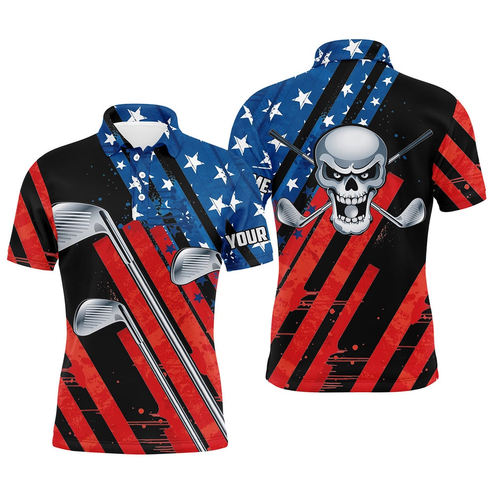 Golf Polo Shirts, American Flag Golf Skull Patriotic Golf Clubs Black Men Polo Shirts Custom Team Golf Polo Shirt, Custom Golf Shirts