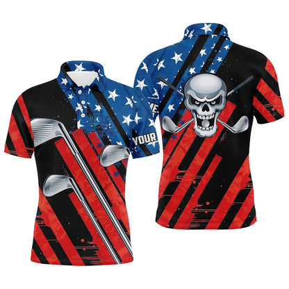 Golf Polo Shirts, American Flag Golf Skull Patriotic Golf Clubs Black Men Polo Shirts Custom Team Golf Polo Shirt, Custom Golf Shirts