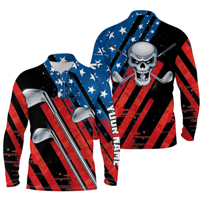 Golf Polo Shirts, American Flag Golf Skull Patriotic Golf Clubs Black Men Polo Shirts Custom Team Golf Polo Shirt, Custom Golf Shirts