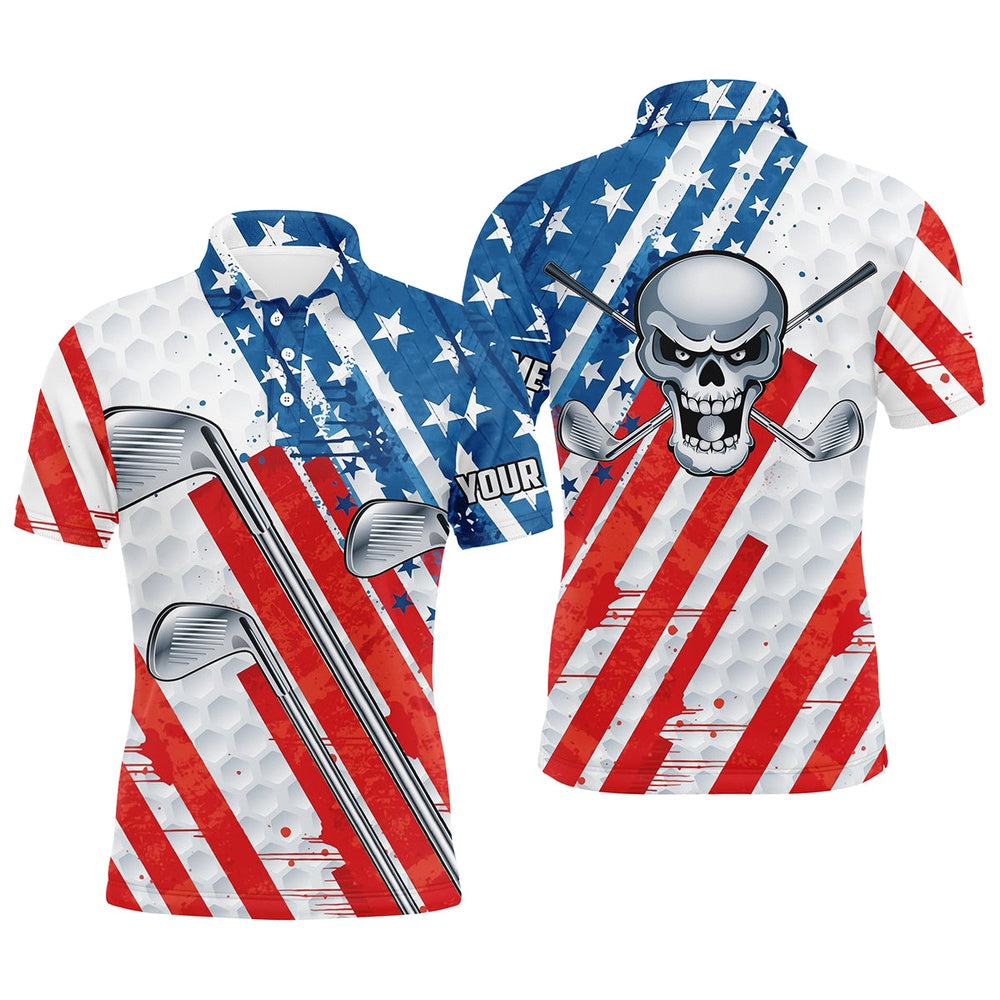 Golf Polo Shirts, American Flag Golf Skull Patriotic Golf Clubs Men Polo Shirts Custom Team Golf Polo Shirt, Custom Golf Shirts