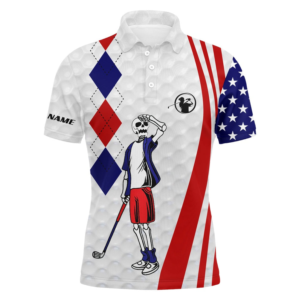 Golf Polo Shirts, American Flag Golf Skull Patriotic Men Golf Shirts Custom Red, White And Blue Team Golf Polo Shirt, Custom Golf Shirts