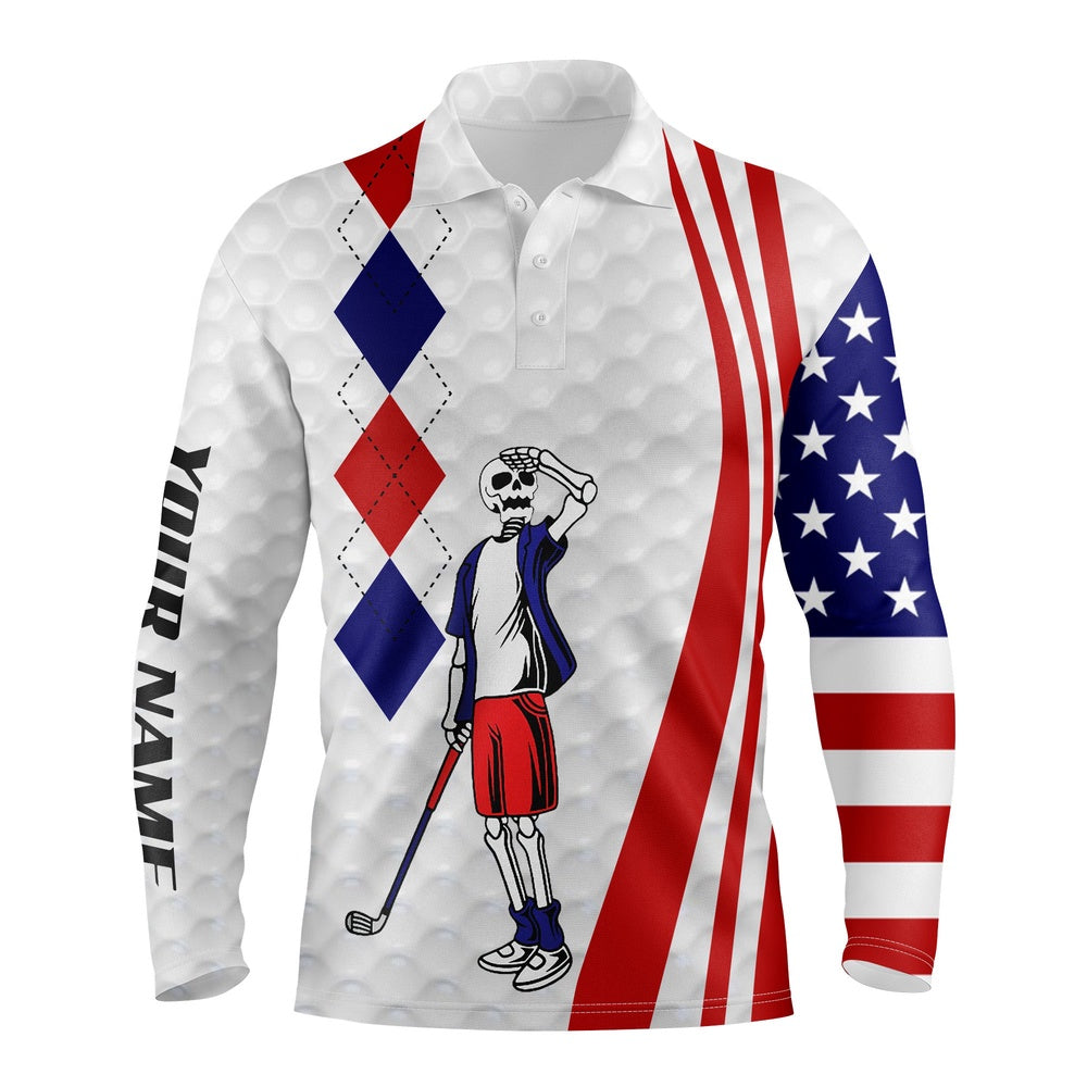 Golf Polo Shirts, American Flag Golf Skull Patriotic Men Golf Shirts Custom Red, White And Blue Team Golf Polo Shirt, Custom Golf Shirts