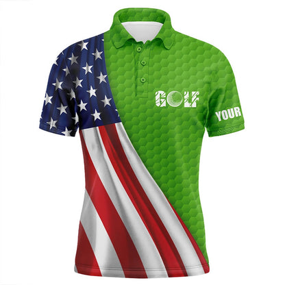 Golf Polo Shirts, American Flag Green Golf Ball Skin Mens Golf Polo Shirts Custom Name Patriotic Golf Tops For Mens, Custom Golf Shirts