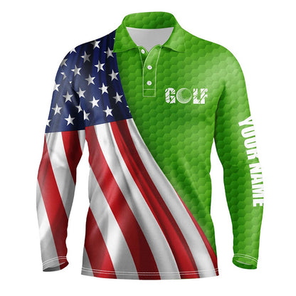 Golf Polo Shirts, American Flag Green Golf Ball Skin Mens Golf Polo Shirts Custom Name Patriotic Golf Tops For Mens, Custom Golf Shirts