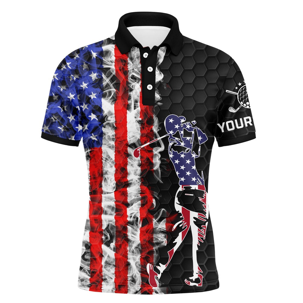 Golf Polo Shirts, American Flag Mens Black Golf Polo Shirt Custom Name Patriotic Unique Golf Gift Ideas For Him, Custom Golf Shirts