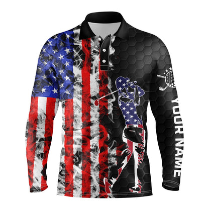 Golf Polo Shirts, American Flag Mens Black Golf Polo Shirt Custom Name Patriotic Unique Golf Gift Ideas For Him, Custom Golf Shirts