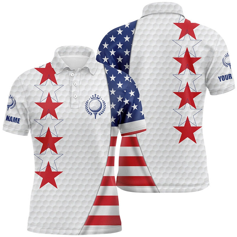 Golf Polo Shirts, American Flag Mens Golf Polo Shirt Custom Patriotic White Golf Ball Skin Shirt For Men, Custom Golf Shirts