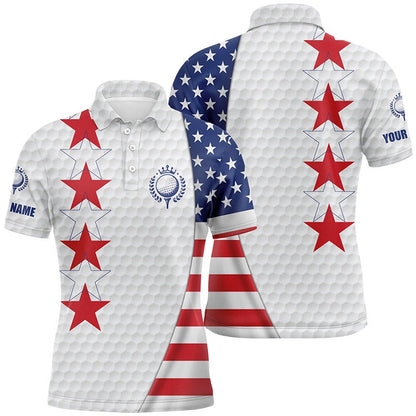 Golf Polo Shirts, American Flag Mens Golf Polo Shirt Custom Patriotic White Golf Ball Skin Shirt For Men, Custom Golf Shirts