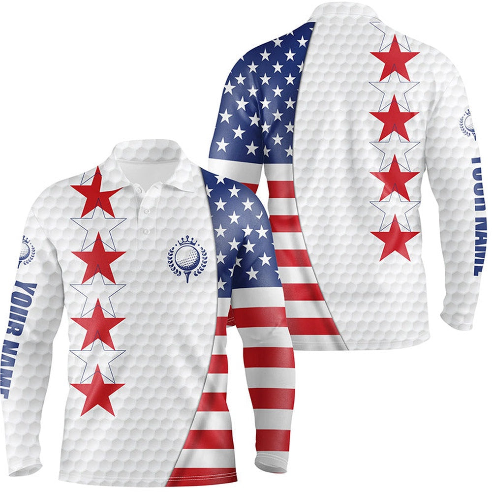 Golf Polo Shirts, American Flag Mens Golf Polo Shirt Custom Patriotic White Golf Ball Skin Shirt For Men, Custom Golf Shirts