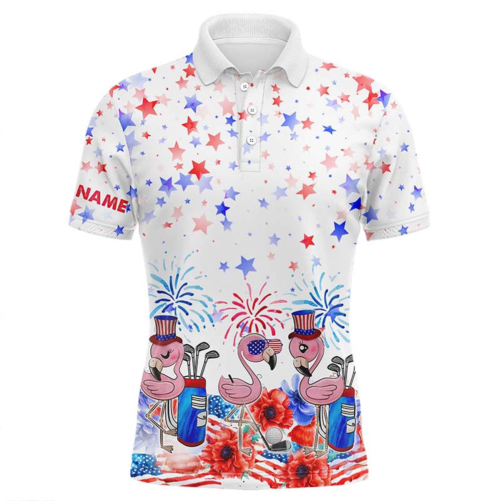 Golf Polo Shirts, American Flag Mens Golf Polo Shirts Custom Name Patriotic Pink Flamingo White Mens Golf Tops, Custom Golf Shirts