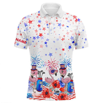Golf Polo Shirts, American Flag Mens Golf Polo Shirts Custom Name Patriotic Pink Flamingo White Mens Golf Tops, Custom Golf Shirts