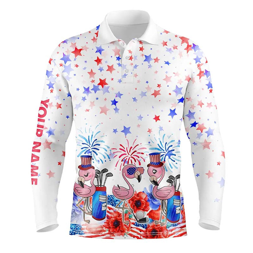 Golf Polo Shirts, American Flag Mens Golf Polo Shirts Custom Name Patriotic Pink Flamingo White Mens Golf Tops, Custom Golf Shirts