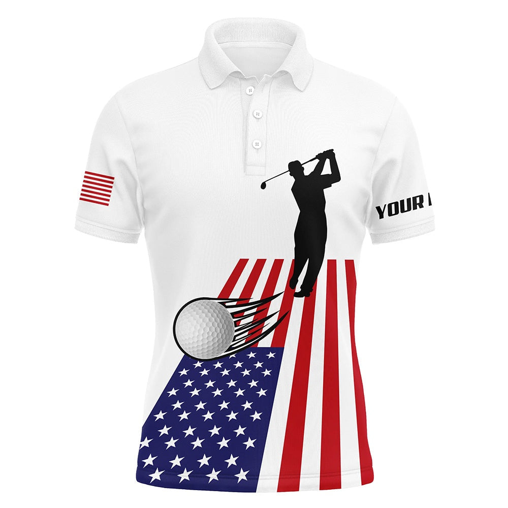 Golf Polo Shirts, American Flag Mens Golf Polo Shirts Custom Name Patriotic White Golf Shirt, Patriotic Mens Golf Wear, Custom Golf Shirts