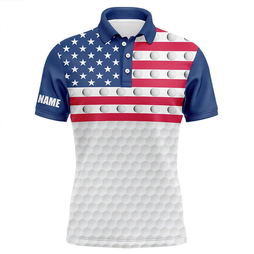 Golf Polo Shirts, American Flag Mens Golf Polo Shirts Custom White Golf Ball Pattern Patriotic Male Golf Attire, Custom Golf Shirts