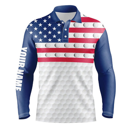 Golf Polo Shirts, American Flag Mens Golf Polo Shirts Custom White Golf Ball Pattern Patriotic Male Golf Attire, Custom Golf Shirts