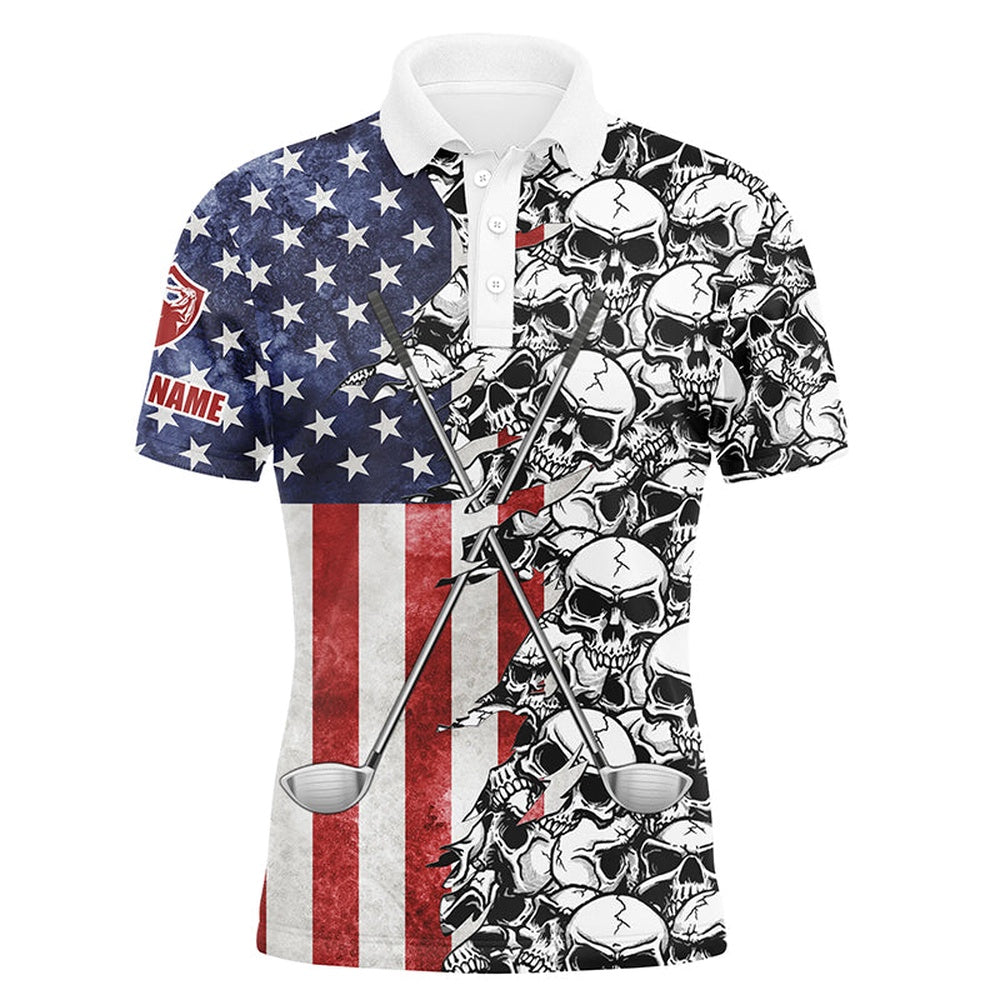 Golf Polo Shirts, American Flag Mens Golf Tops Polo Pattern Skull Golf Clubs Custom Patriotic Golf Performance Shirts, Custom Golf Shirts
