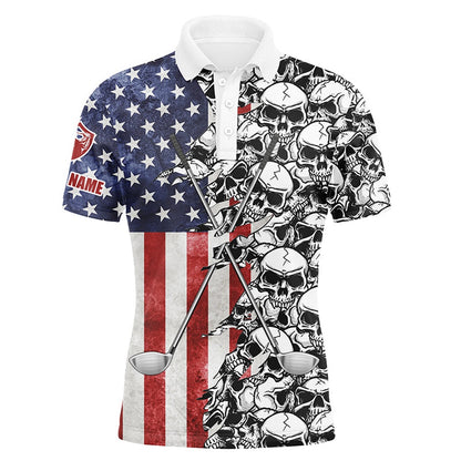 Golf Polo Shirts, American Flag Mens Golf Tops Polo Pattern Skull Golf Clubs Custom Patriotic Golf Performance Shirts, Custom Golf Shirts