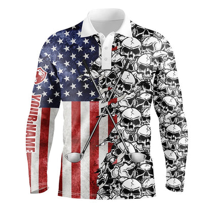 Golf Polo Shirts, American Flag Mens Golf Tops Polo Pattern Skull Golf Clubs Custom Patriotic Golf Performance Shirts, Custom Golf Shirts