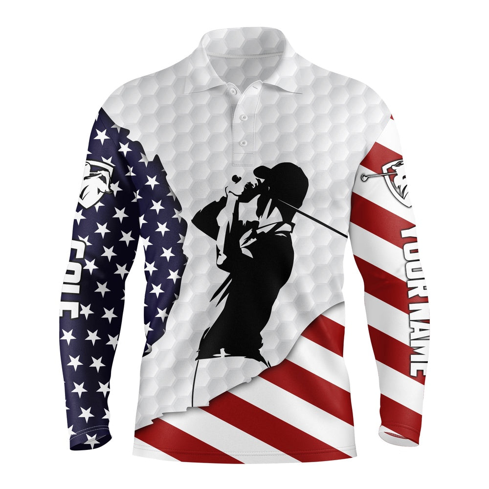 Golf Polo Shirts, American Flag Patriot Long Sleeve Golf Polos Shirts Personalized Golf Gifts For Him, Custom Golf Shirts