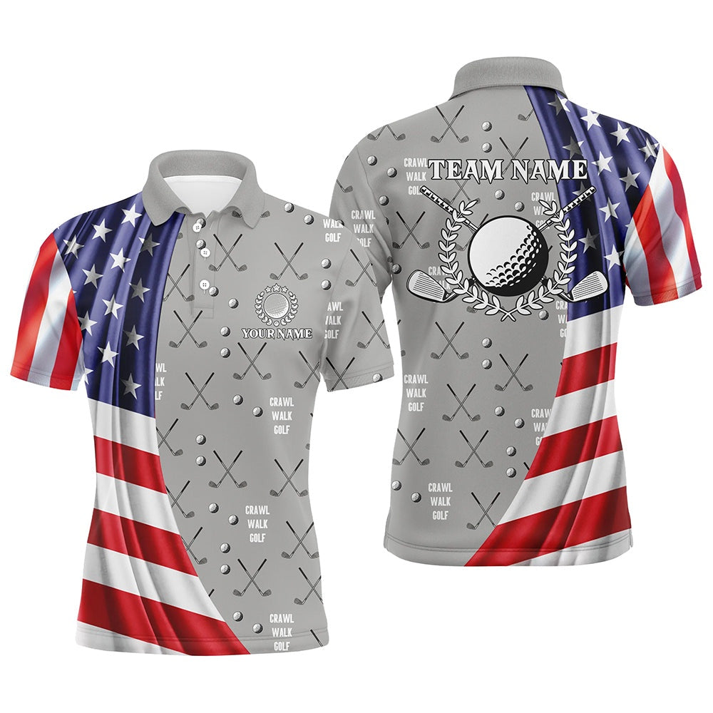 Golf Polo Shirts, American Flag Patriot Mens Golf Polo Shirts Custom Golf Clubs Pattern Crawl Walk Golf Tops For Mens, Custom Golf Shirts