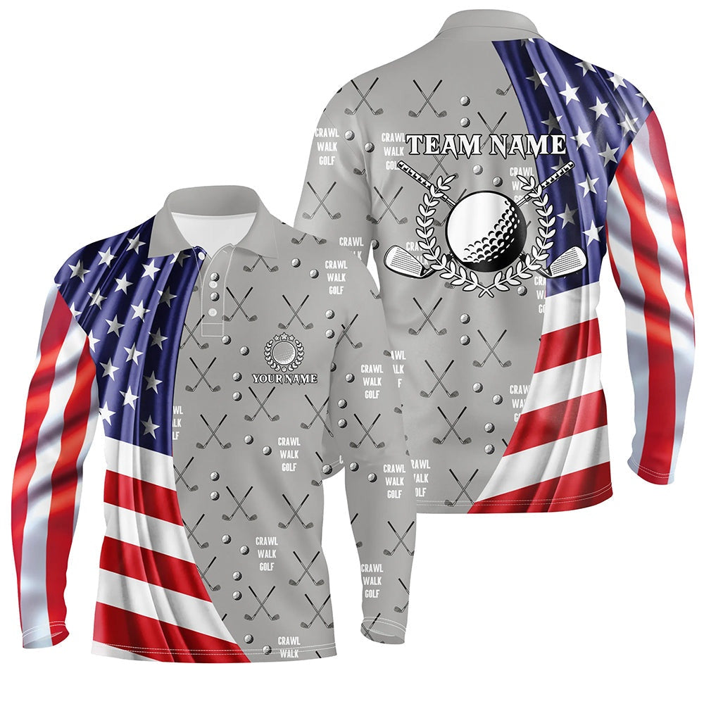 Golf Polo Shirts, American Flag Patriot Mens Golf Polo Shirts Custom Golf Clubs Pattern Crawl Walk Golf Tops For Mens, Custom Golf Shirts