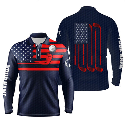 Golf Polo Shirts, American Flag Patriotic Men Golf Polo Shirts Custom Name Blue Golf Polo Shirt Menss, Custom Golf Shirts