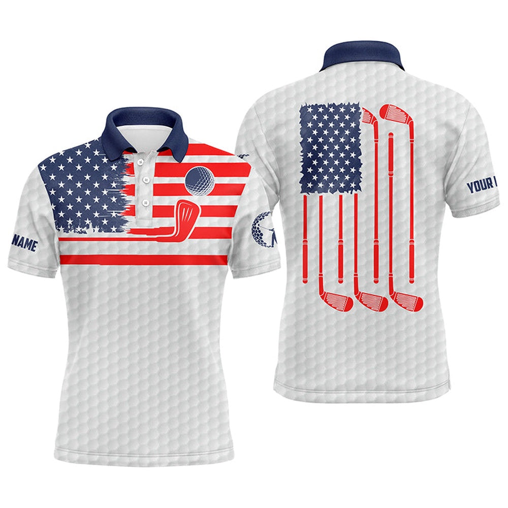 Golf Polo Shirts, American Flag Patriotic Men Golf Polo Shirts Custom Name White Golf Polo Shirt Menss, Custom Golf Shirts