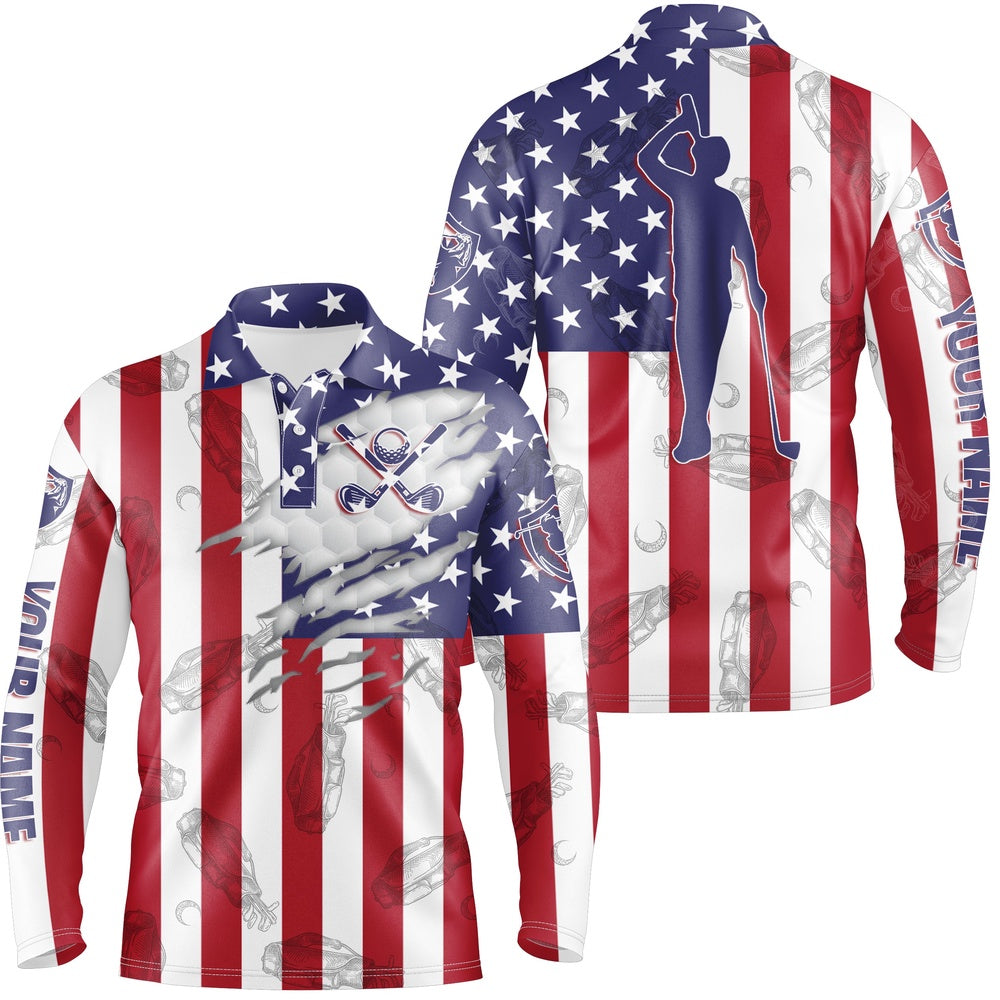 Golf Polo Shirts, American Flag Patriotic Mens Golf Polo Shirt Custom Golf Clubs Pattern Best Mens Golf Wear, Custom Golf Shirts