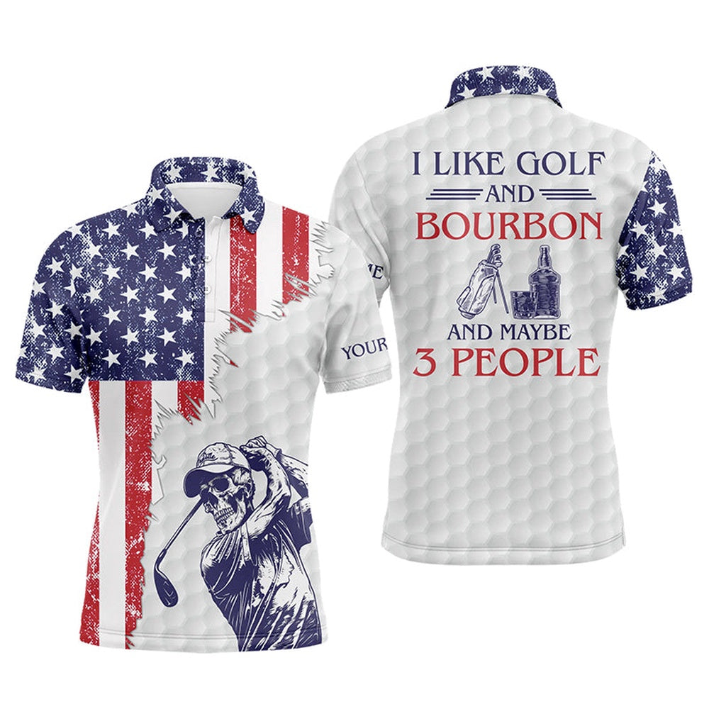 Golf Polo Shirts, American Flag Patriotic Mens Golf Polo Shirt Custom Golf Skull I Like Golf & Bourbon & Maybe People, Custom Golf Shirts