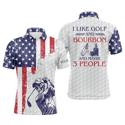 Golf Polo Shirts, American Flag Patriotic Mens Golf Polo Shirt Custom Golf Skull I Like Golf & Bourbon & Maybe People, Custom Golf Shirts