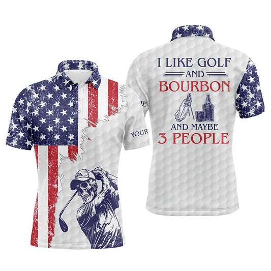 Golf Polo Shirts, American Flag Patriotic Mens Golf Polo Shirt Custom Golf Skull I Like Golf & Bourbon & Maybe People, Custom Golf Shirts