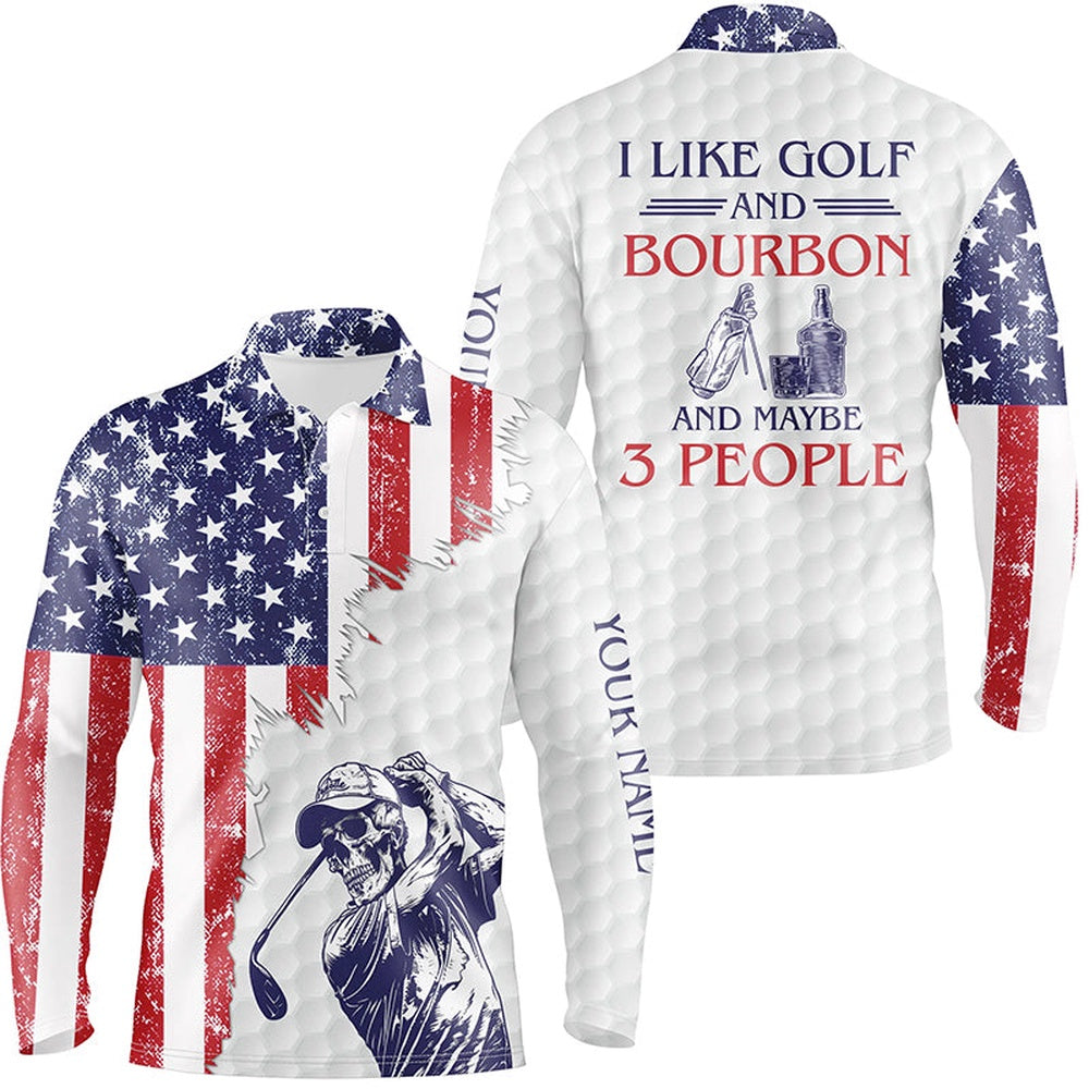 Golf Polo Shirts, American Flag Patriotic Mens Golf Polo Shirt Custom Golf Skull I Like Golf & Bourbon & Maybe People, Custom Golf Shirts