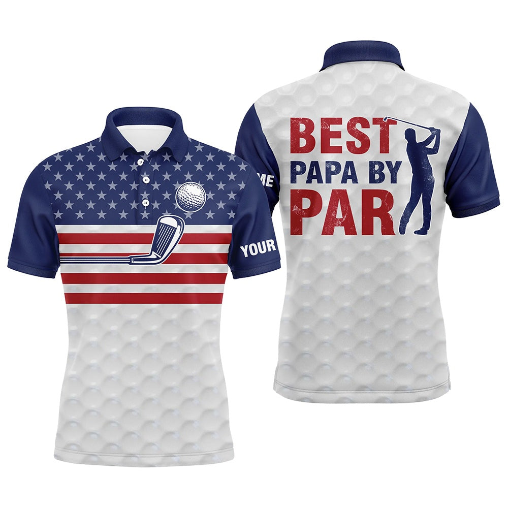 Golf Polo Shirts, American Flag Patriotic Mens Golf Polo Shirt Custom White Best Papa By Par Fathers Day Golf Gifts, Custom Golf Shirts