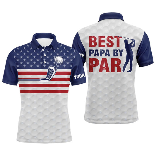 Golf Polo Shirts, American Flag Patriotic Mens Golf Polo Shirt Custom White Best Papa By Par Fathers Day Golf Gifts, Custom Golf Shirts