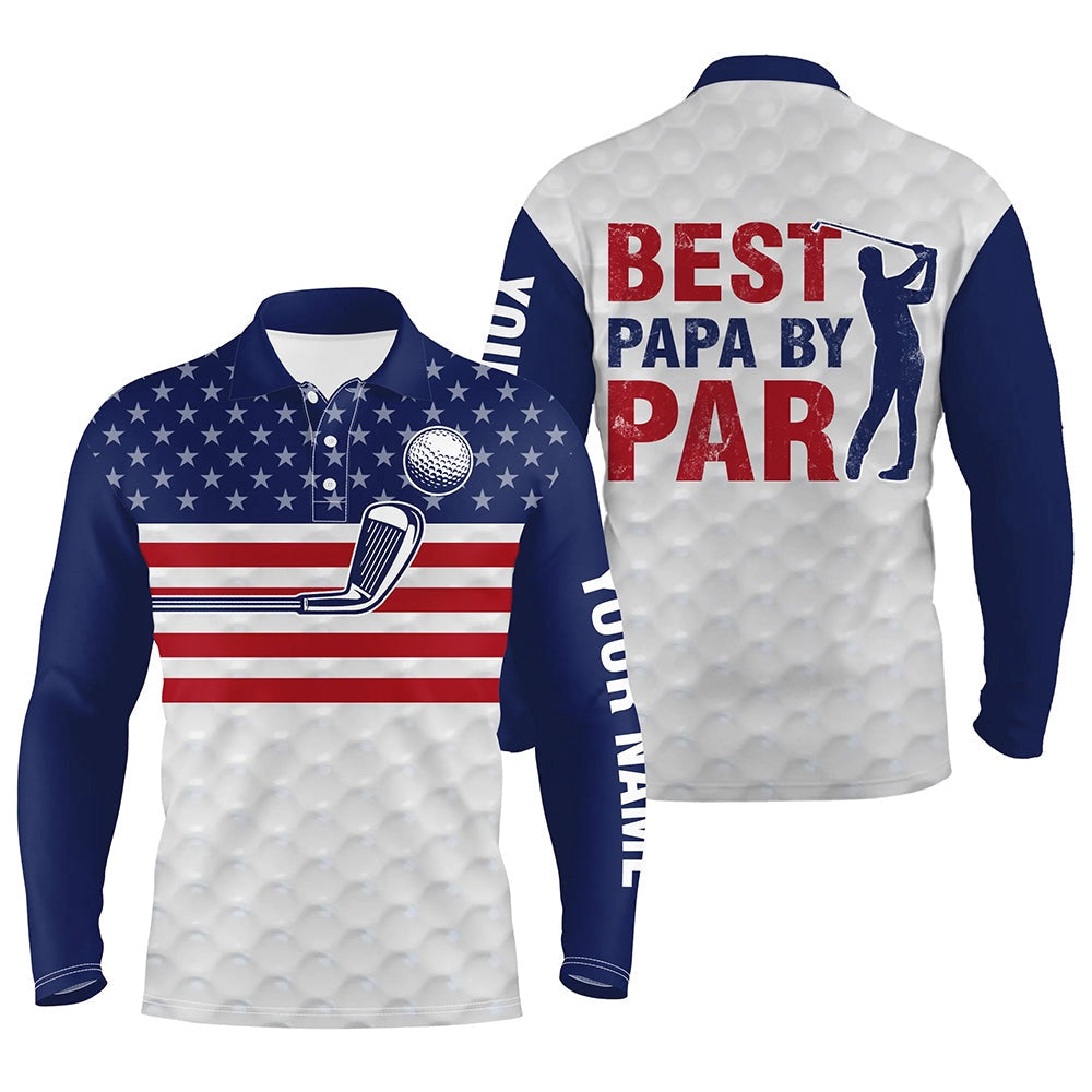 Golf Polo Shirts, American Flag Patriotic Mens Golf Polo Shirt Custom White Best Papa By Par Fathers Day Golf Gifts, Custom Golf Shirts