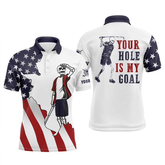 Golf Polo Shirts, American Flag Patriotic Mens Golf Polos Shirts Custom Name Funny Golf Skull Your Hole Is My Goal, Custom Golf Shirts