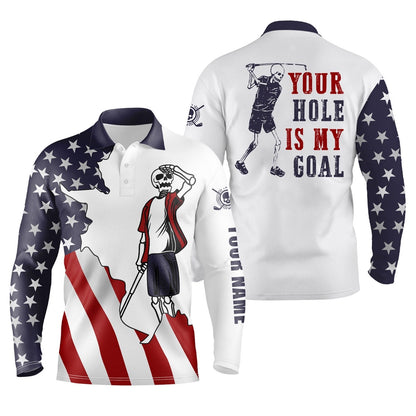 Golf Polo Shirts, American Flag Patriotic Mens Golf Polos Shirts Custom Name Funny Golf Skull Your Hole Is My Goal, Custom Golf Shirts