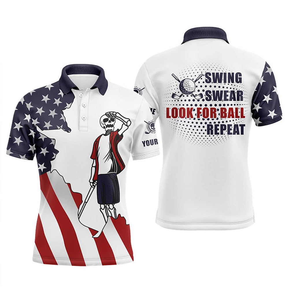 Golf Polo Shirts, American Flag Patriotic Mens Golf Polos Shirts Custom Name Golf Skull Swing Swear Look For Ball Repeat, Custom Golf Shirts