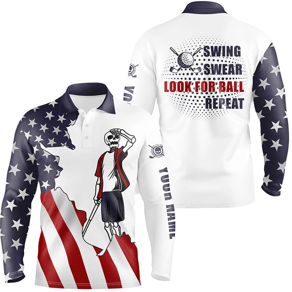 Golf Polo Shirts, American Flag Patriotic Mens Golf Polos Shirts Custom Name Golf Skull Swing Swear Look For Ball Repeat, Custom Golf Shirts