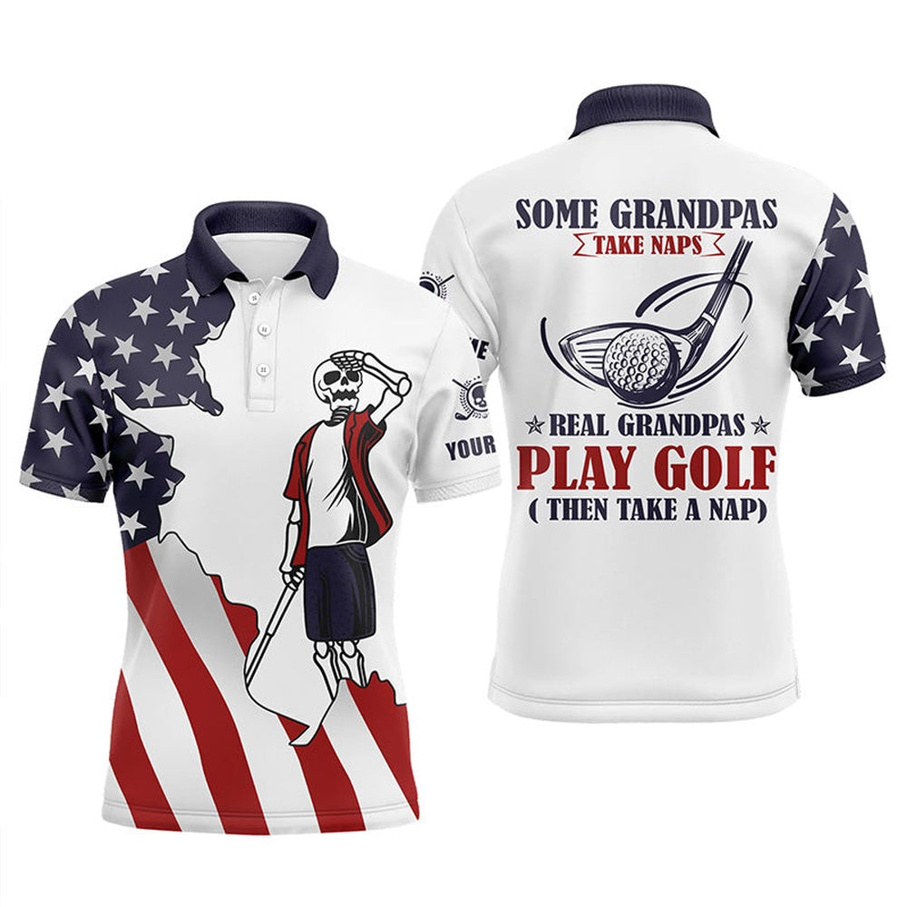 Golf Polo Shirts, American Flag Patriotic Mens Golf Polos Shirts Custom Skull Grandpas Take Naps Real Grandpas Play Golf, Custom Golf Shirts