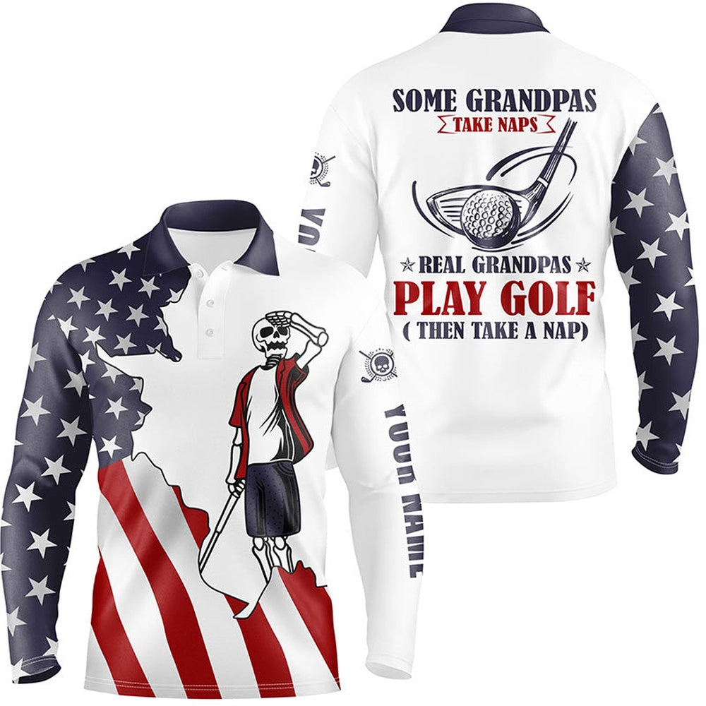 Golf Polo Shirts, American Flag Patriotic Mens Golf Polos Shirts Custom Skull Grandpas Take Naps Real Grandpas Play Golf, Custom Golf Shirts