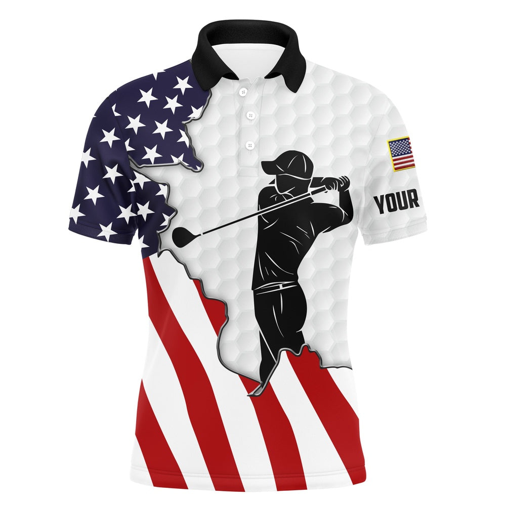 Golf Polo Shirts, American Flag Patriotic Mens White Golf Polo Custom Name Golf Shirts Best Mens Golf Wear, Custom Golf Shirts