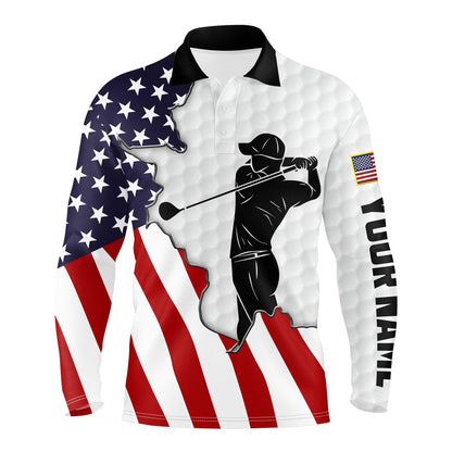 Golf Polo Shirts, American Flag Patriotic Mens White Golf Polo Custom Name Golf Shirts Best Mens Golf Wear, Custom Golf Shirts