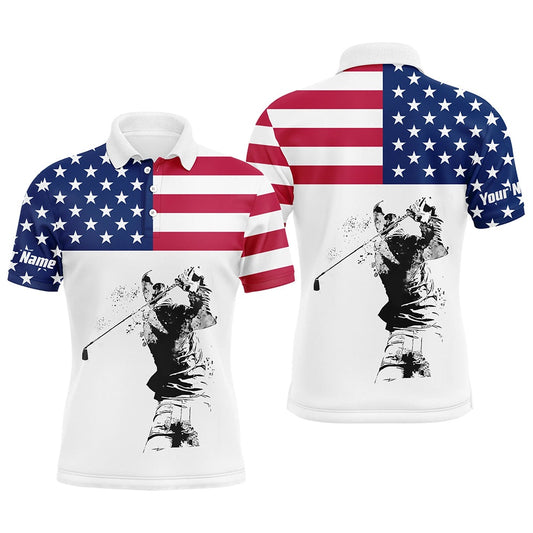 Golf Polo Shirts, American Flag Patriotic White Mens Golf Polo Custom Name Golf Gift For Men, Custom Golf Shirts
