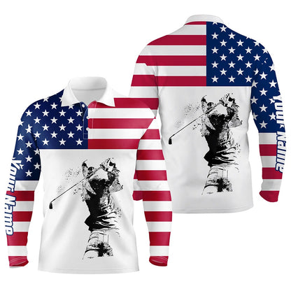 Golf Polo Shirts, American Flag Patriotic White Mens Golf Polo Custom Name Golf Gift For Men, Custom Golf Shirts
